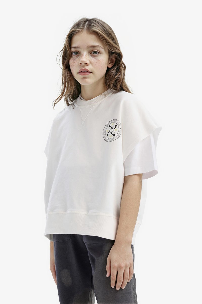 DeFacto Beige Girl Girl Oversize Crew Neck Slogan Printed Sweatshirt Casual - Image 3